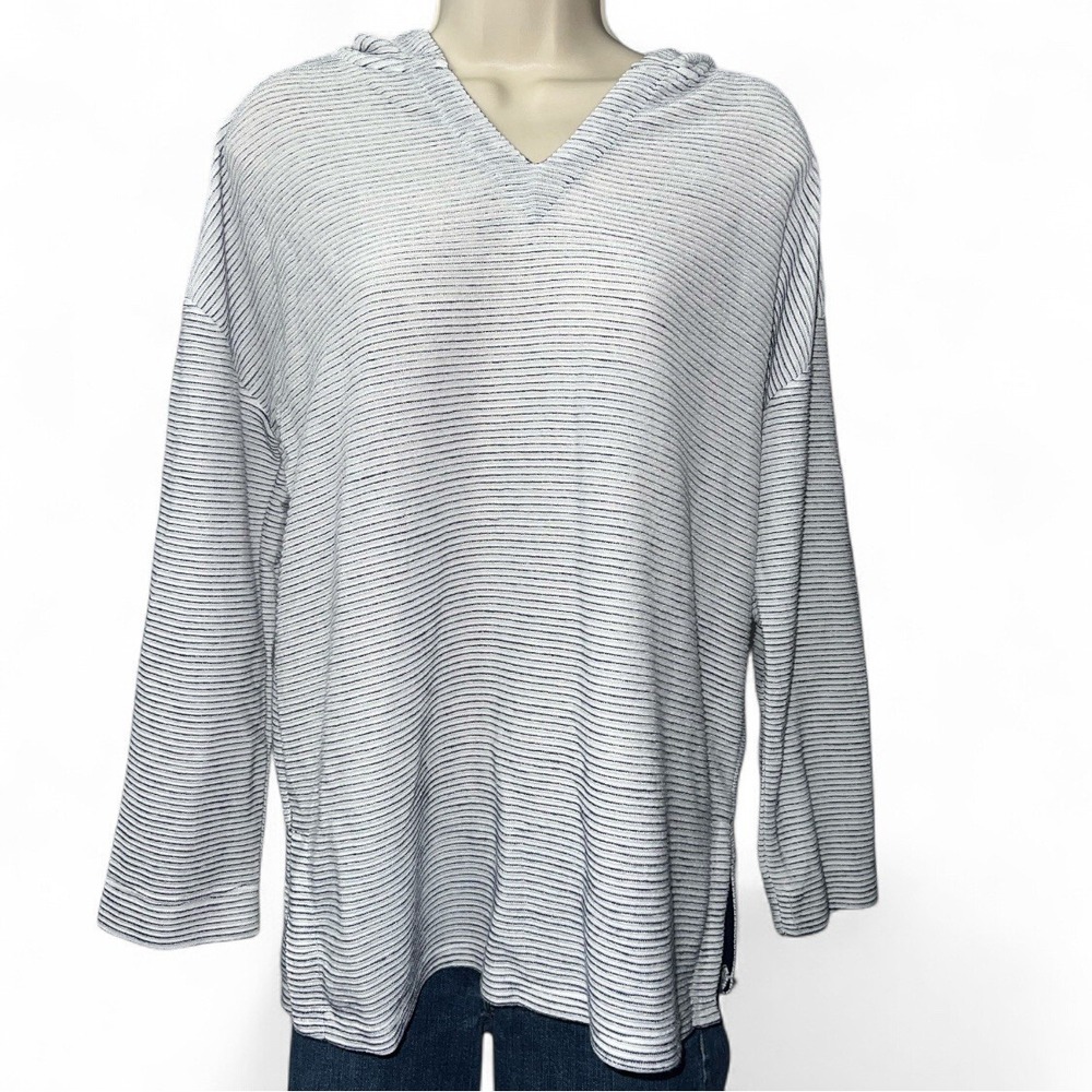 Jones New‎ York White Blue Striped Ribbed Knit Hoodie Women's Size Small $59